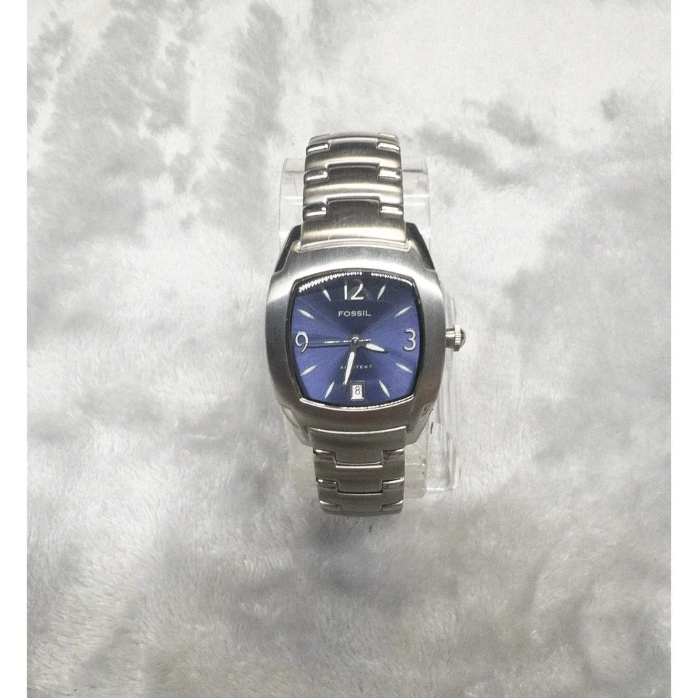 Vtg Fossil Arkitekt FS 2940 Blue Dial Silver Band 50 ATM